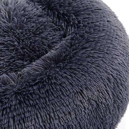 Feandrea Hundebett flauschig, Katzenbett, Donut Kissen, waschbar, Polsterung in der Mitte herausnehmbar, Langer Plüsch, 50 cm Durchmesser, dunkelgrau PGW037G02