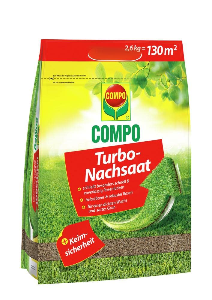 COMPO Rasen-Set, Herbst-Rasen Langzeit-Dünger, Rasendünger, 3 Monate Langzeitwirkung, 10 kg, 500 m² und Turbo Nachsaat, Rasensamen, Mit Keimsicherheit, 2,6 kg, 130 m²