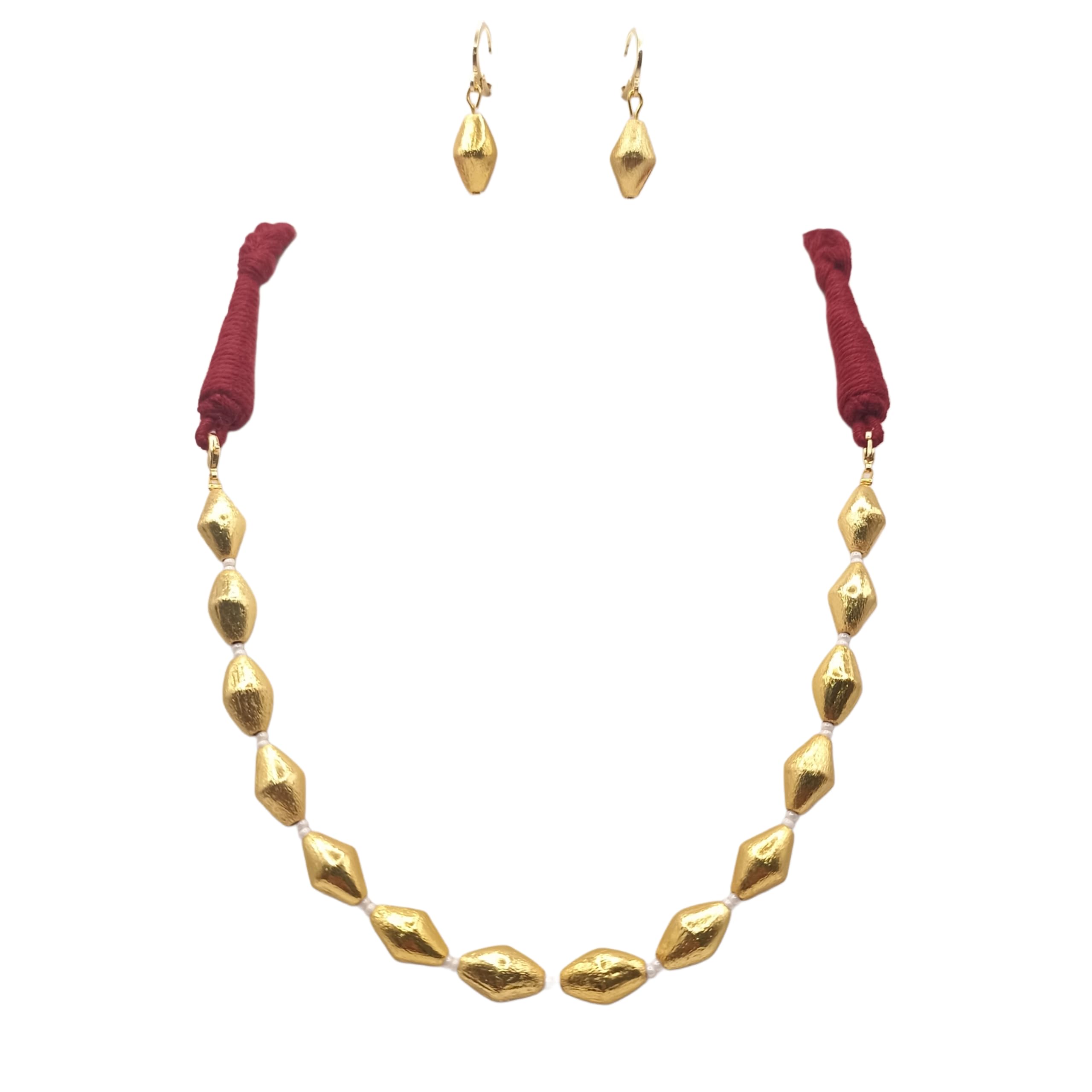 Gold Plated Brass Bead Necklace Set with Drop Earrings, Maroon Dori, Traditional and Casual Wear-image-7