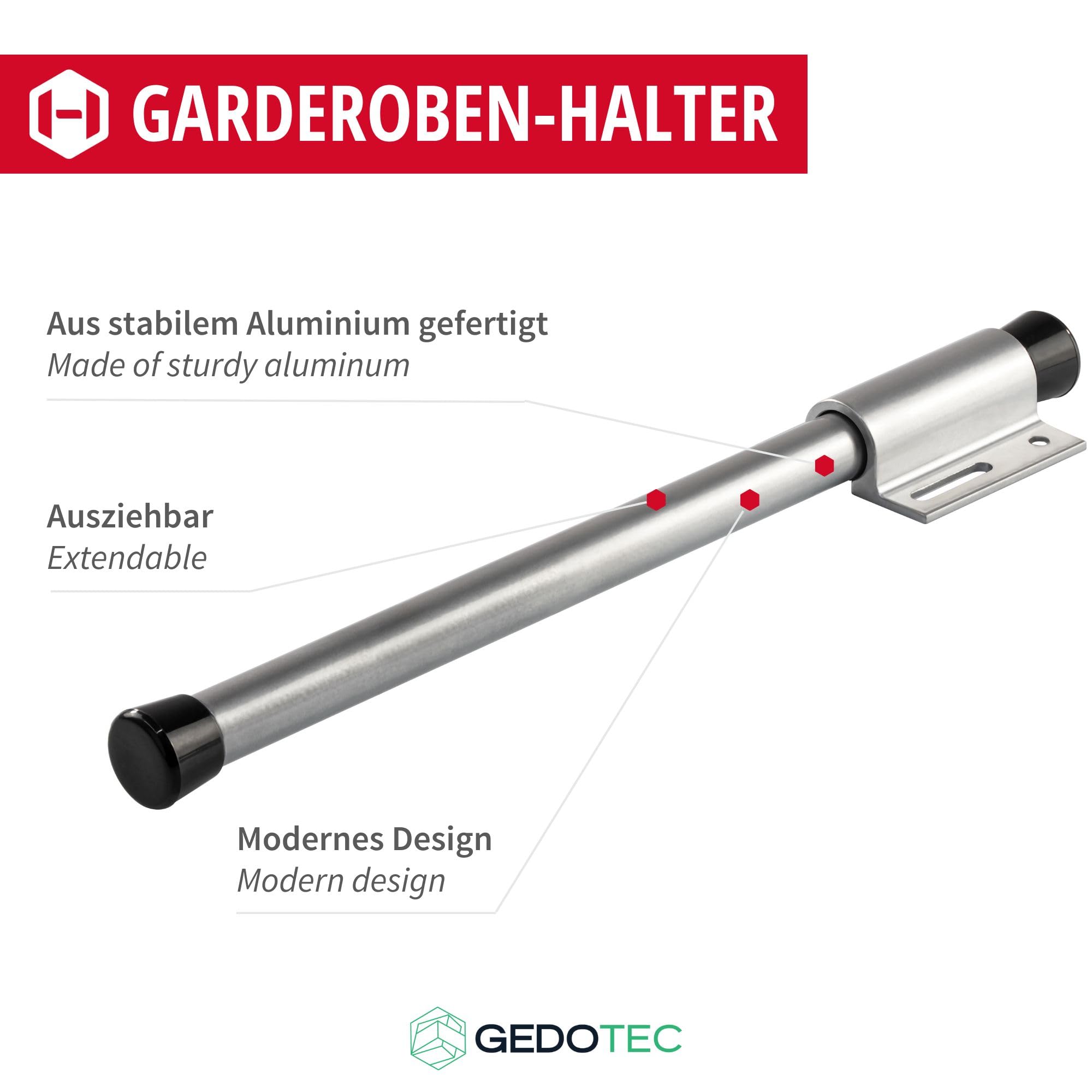 Gedotec Uchwyt do garderoby z aluminium anodowanego w kolorze srebrnym, 1 sztuka, wysuwany wysuwany wieszak na ubrania, długość 225 mm, do przykręcania, wysuwany wieszak na ubrania