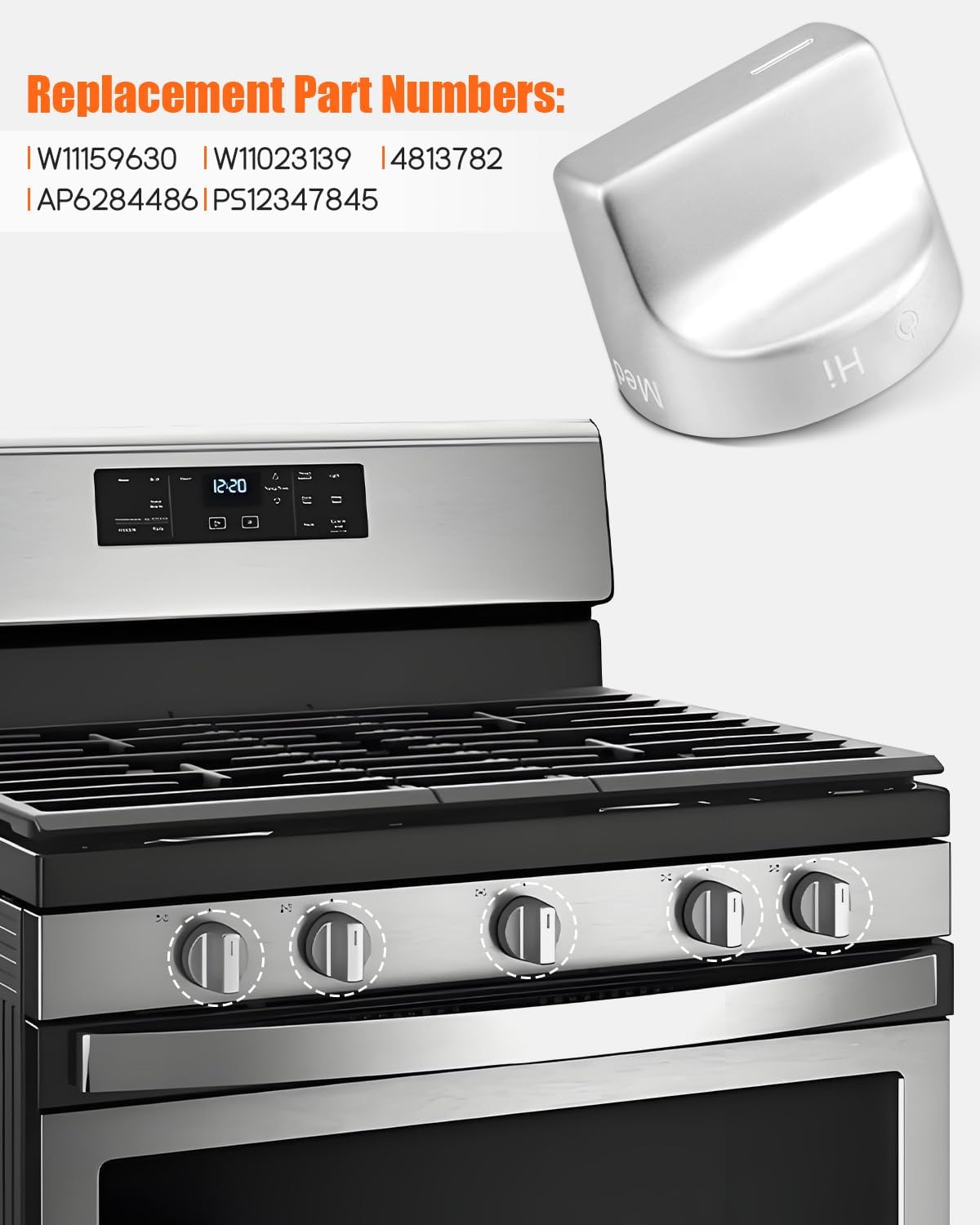 5PCS Stainless Steel Stove Control knob Fit for Whirlpool WFG525S0HS0,WFG525SOHD0,WFG-525S0HS1,WFG524S0HV0,WFG525S0HV1 and More Repalce W11159630,W11023139,4813782