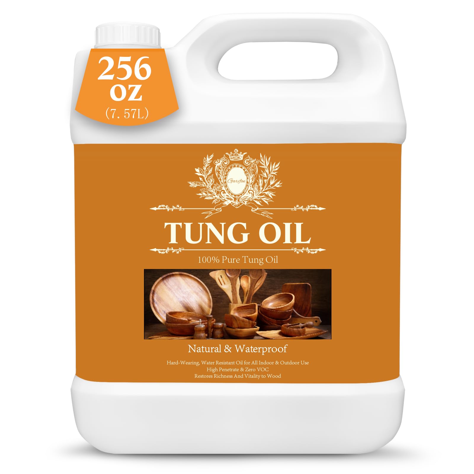 256 OZ Pure Tung Oil for Wood Outdoor/Indoor, Food Grade Sealer, 2 Gallon Tung Oil Finish, Waterproof Wood Oil for Furniture, Cutting Board, Teak, Floor — Food Safe, Indoor Use