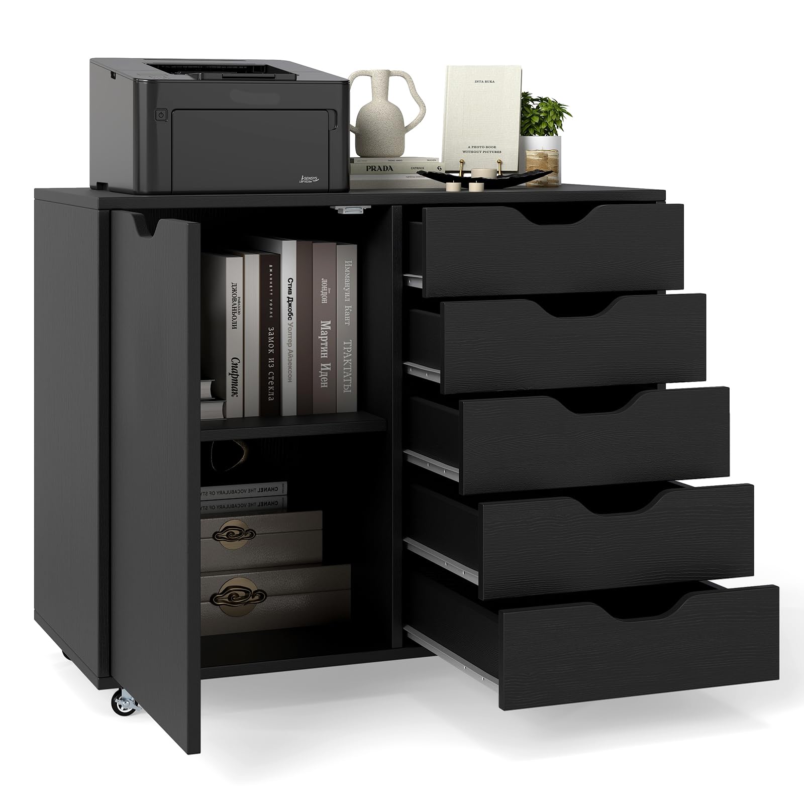 CASART Rolling File Cabinet, 5/7 Drawers Freestanding Storage Organizer Cupboard on Wheels, Home Office Lateral Filing Chest (Black, 5 Drawers + 1 Door)