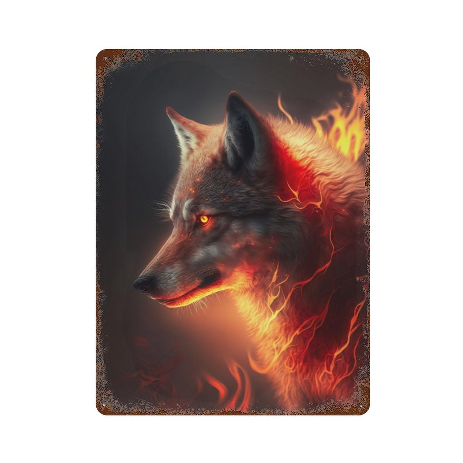 Retro Metal Sign with Fiery Wolf Design 15.7"x11.8", for Living Room, Hallway And Home Decor, Vintage Wall Decor