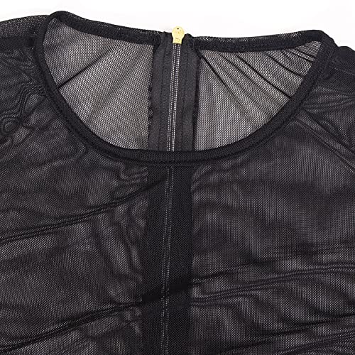 Sedmoda Women Sexy Faux Leather Mini Dress Sheer Mesh Patchwork Long Sleeve Bodycon Dresses Party Club Outfits Black #TOP5