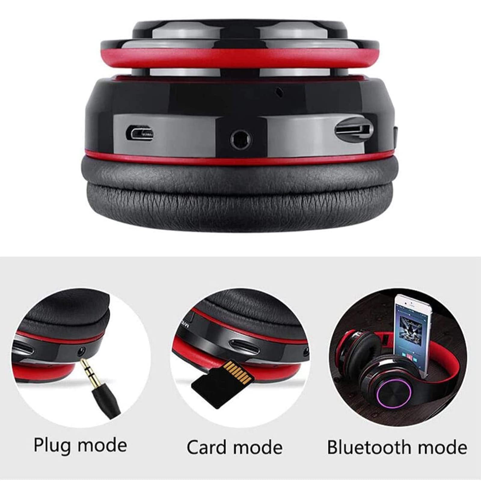 Cuffie Bluetooth over ear per bambini, con luci LED colorate, con microfono integrato, Bluetooth 5.0, cuffie stereo pieghevoli con cavo e senza fili, per aule, casa, ufficio, tablet, aereo (nero)