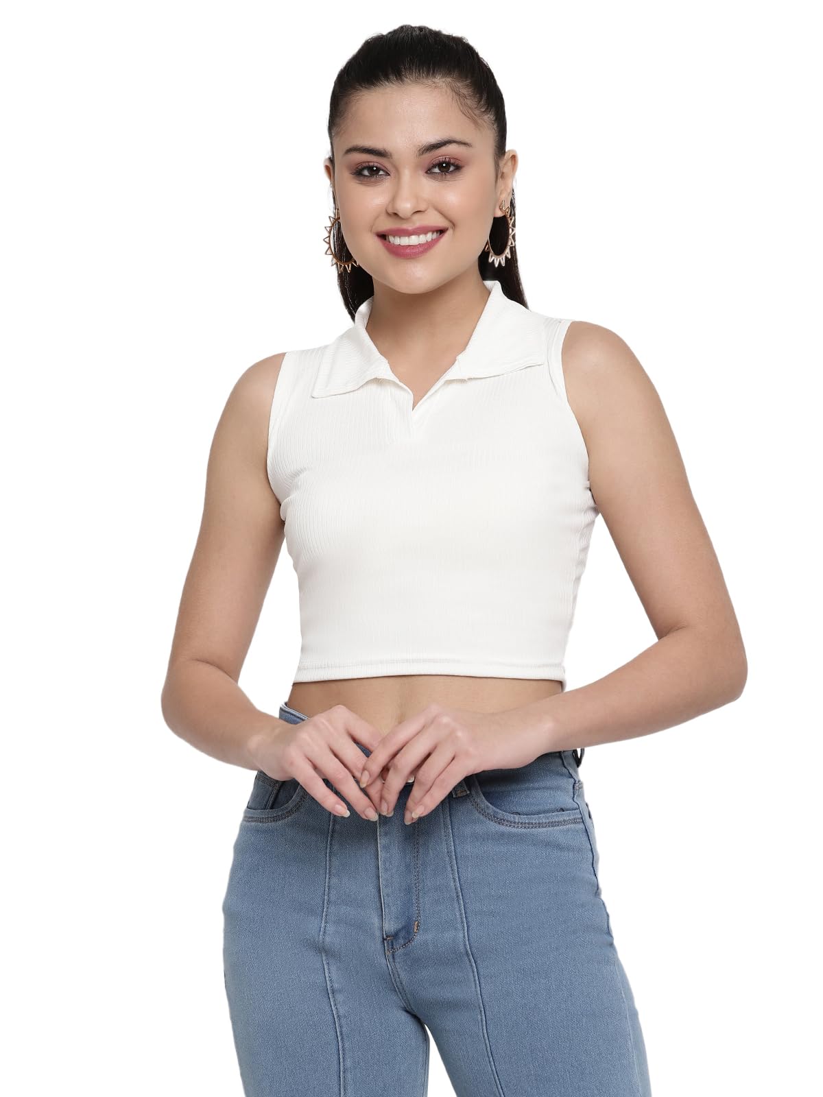 Women's & Girl's Solid Ribbed V-Neck Sleeveless Crop Tops for Women