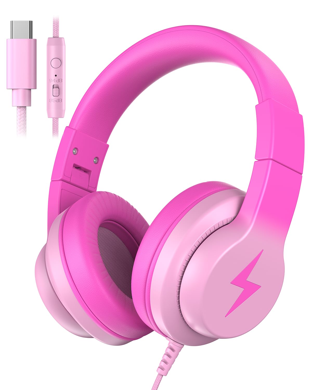 Candy Bila Cuffie per bambini per la scuola, cuffie USB C per bambini, cuffie cablate per bambini, suono stereo HD, cuffie sovraurali pieghevoli per bambini, ragazze, PC, tablet, colore rosa scuro