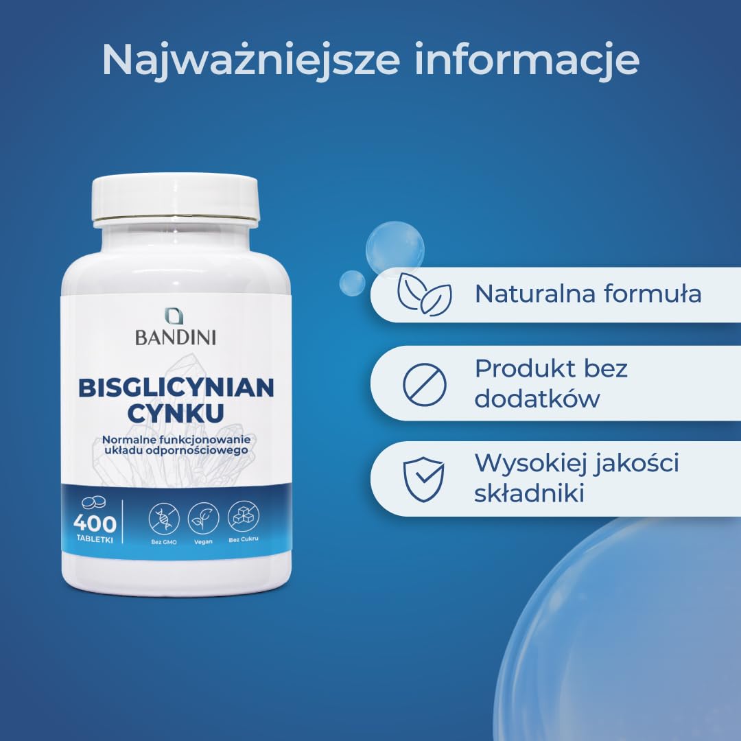 Bandini® Zinc Bisglycinate 400 tabletek (zapas na 13 miesięcy), wysokodawkowy wegański suplement diety, czysty cynk dla skóry, włosów, paznokci, wzroku i układu odpornościowego, wysoce przyswajalny