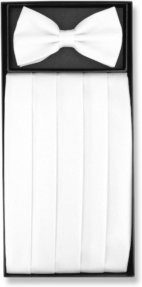 Vesuvio Napoli Cumberbund & BowTie Solid WHITE Color METALLIC Design Men's Cummerbund Bow Tie Set