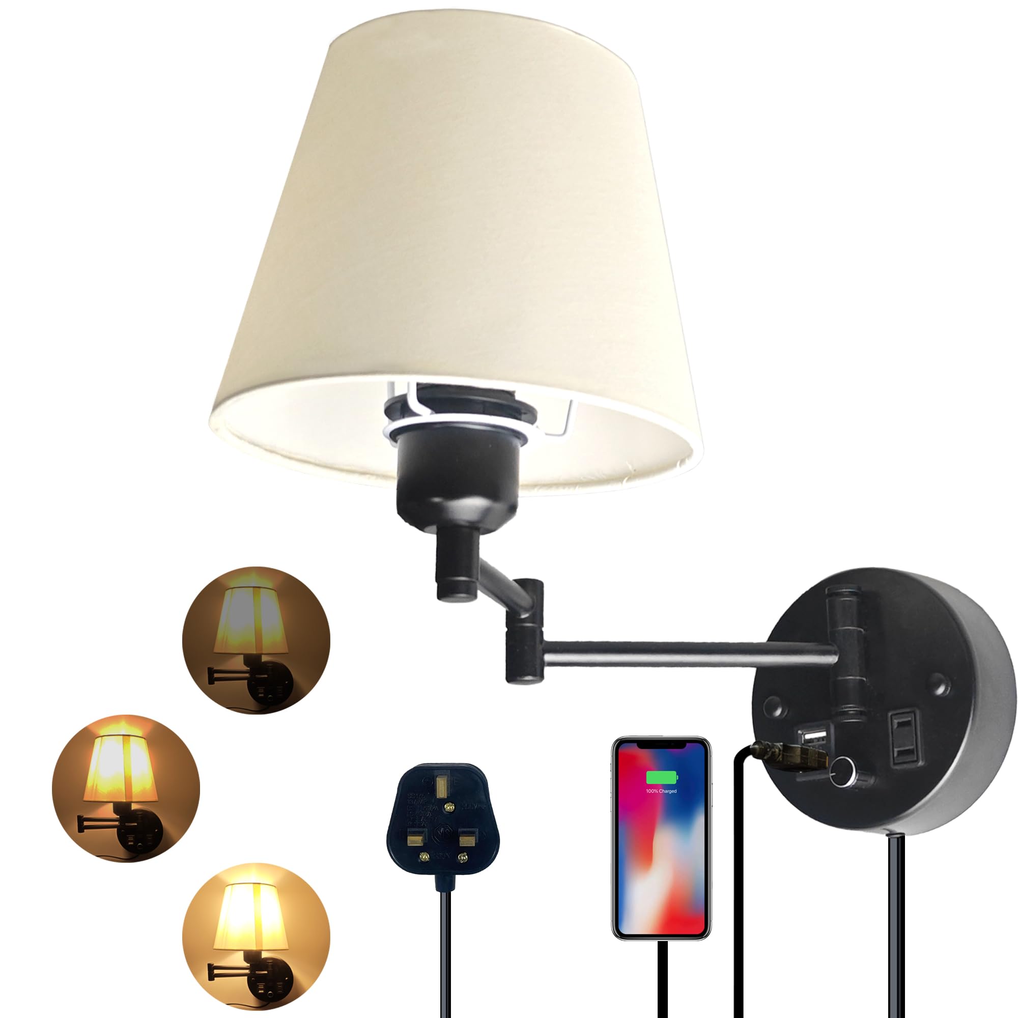 Plug in Wall Light for Bedroom with USB Socket,E27 Base Dimmable Bedside Wall Lamp with Cord and Switch,Black Wall Sconce White Linen Fabric Shade for Reading Lounge Cloakroom(Bulb not included)