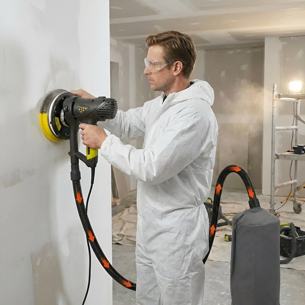 Elektrischer Trockenbauschleifer, Wandschleifer 710W mit Staubabsaugung mit LED-Licht, 360° Schleifteller, 180mm Schleifteller, 1200-2700RPM Variable Geschwindigkeit, 10 Stück Schleifscheibn