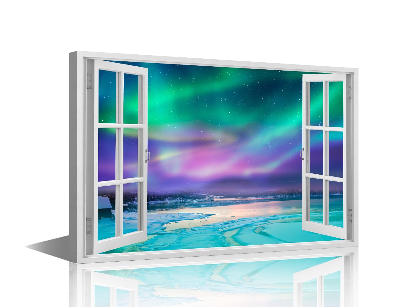 TISHIRON Canvas Wall Art for Living Room Aurora Borealis View from a Window Modern Home Decor Northern Lights HD Printed Posters Artwork for Bedroom Office Wall Painting Ready to Hang, 24x16in