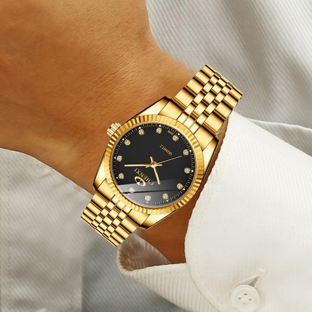 FANMIS Men's Classics Business Easy Reader Quartz Watch Military Analog Luminous Waterproof Quartz Stainless Steel Watch Elegant Gift Watch for Men (X Gold Black)