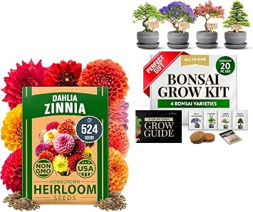 HOME GROWN USA PREMIUM Zinnia Dahlia Seeds Pack for 2026 524 & Bonsai Tree Kit Grow 4 Bonsai Types Indoors with Complete Starter Kit