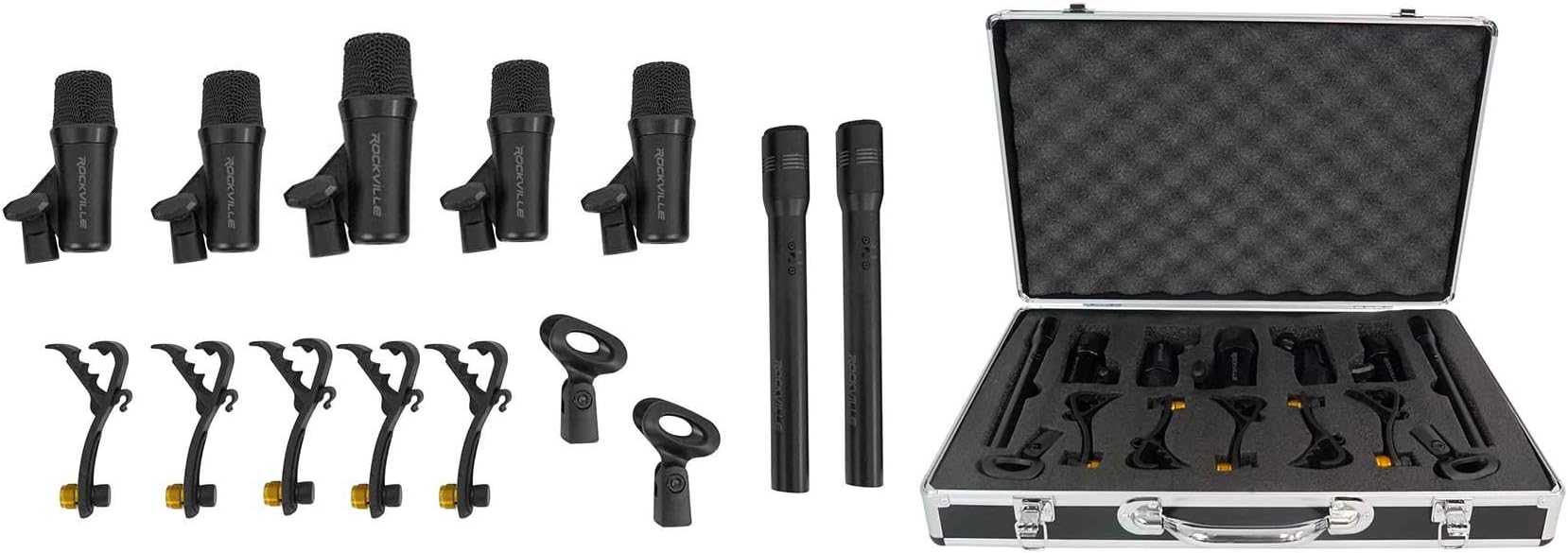 Rockville PRO-D7 KIT 7-Mic Drum Microphone Set, 1 Bass, 4 Snare, 2 Overhead Condenser Mics, All-Metal Build, Includes Clips and Case, for Studio and Live Drum Recording