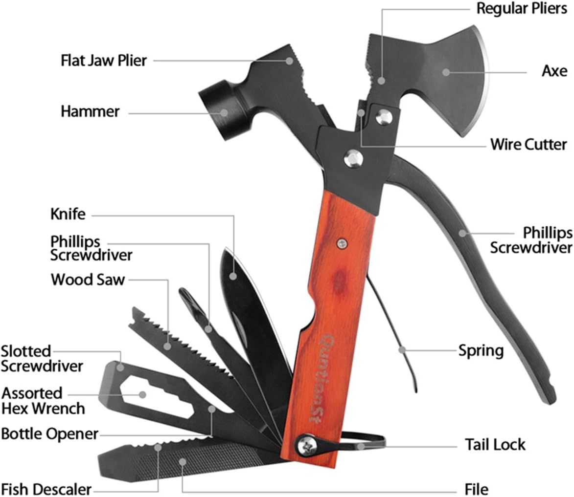Camping Accessories Multitool, Wood Handle Multi-Tool Hatchet Hammer,Stocking Stuffers for Men Gifts,Guy Gifts, Cool and Unique Christmas Gifts for Boyfriend Husband Grandpa for Hiking Hunting DIY