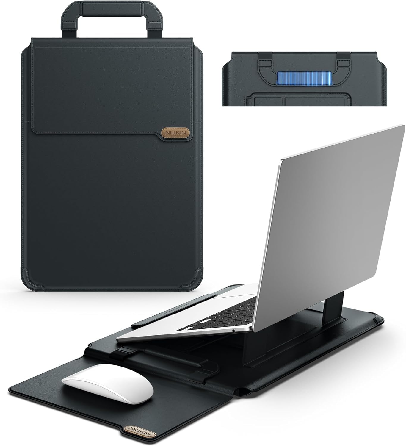 Nillkin Upgraded 15-16 Inch Laptop Sleeve Case for MacBook/Dell/HP/Lenovo/Asus, Unique Slim Travel Computer Bag with Adjustable Stand & Mouse Pad, Magnetic Handle, PU Leather, Black