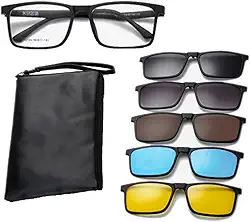 Óculos de Grau com 5 Clips Magnéticos de Sol, Armação Preta Retangular, Kit 6 em 1 com Estojo
