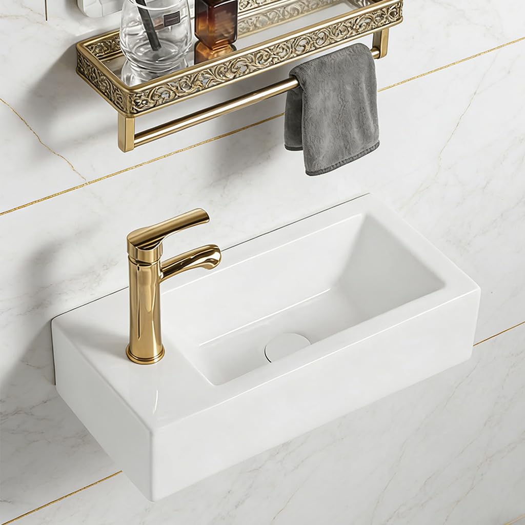 Fregadero de pared de cerámica blanca para baño pequeño, fregadero flotante rectangular de 14 x 7 pulgadas, fregadero moderno para colgar en la pared