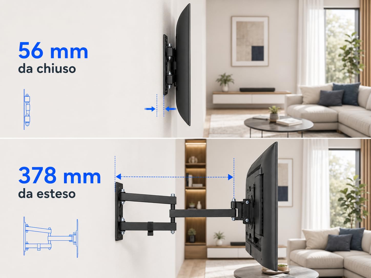 Supporto TV Parete 32-55 Pollici, Staffa TV Girevole ±90° e Inclinabile +3°/-10°, Braccio Estensibile 56-378 mm, VESA 100x100/200x100/200x200, Portata 30 kg, Nero