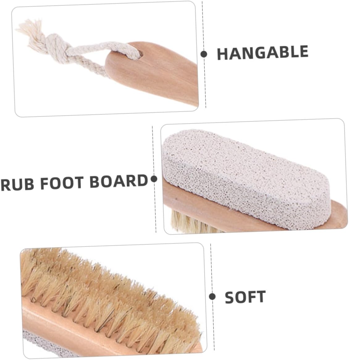 VICASKY 3pcs Double-Sided Foot Scrubber and Pumice Stone with Bristle Brush, Wooden Handle Exfoliating Tool for Dead Skin Removal and Callus Care, Foot Washer for Shower Use
