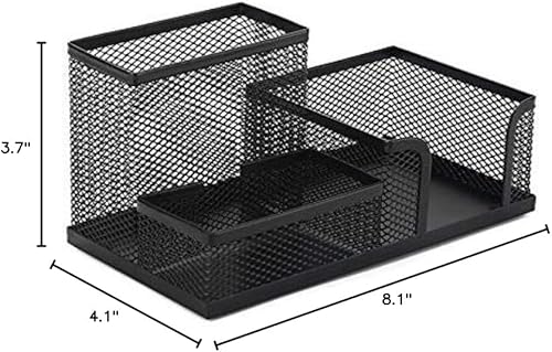 Organizador de escritorio de malla metálica negra con 3 compartimentos para bolígrafos, lápices