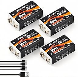 4 Pcs 9V Rechargeable Batteries 1300mAh, USB C Rechargeable Lithium Ion Battery with 4 in 1 Charging Cable, Long Lasting 9 Volt Battery for Smoke Detector, Guitar Pedal, Microphone