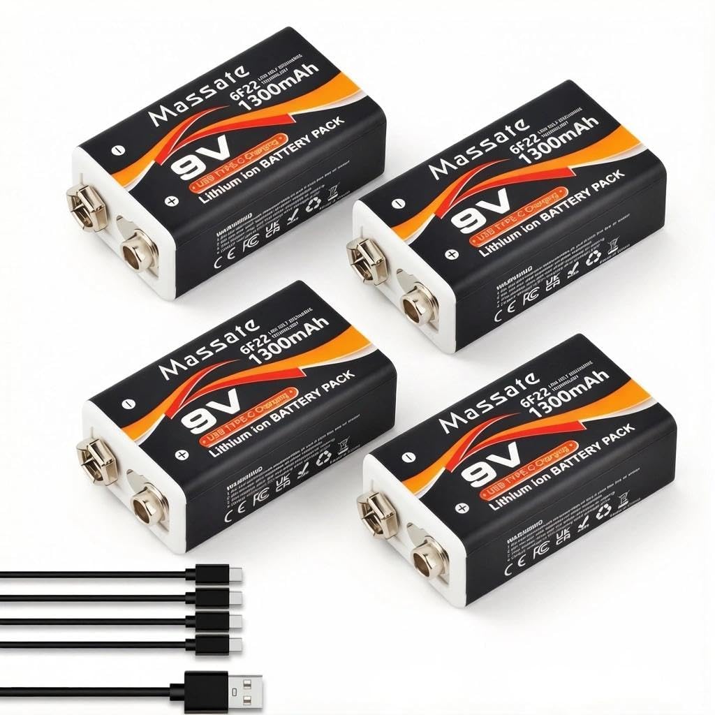 4 Pcs 9V Rechargeable Batteries 1300mAh, USB C Rechargeable Lithium Ion Battery with 4 in 1 Charging Cable, Long Lasting 9 Volt Battery for Smoke Detector, Guitar Pedal, Microphone - 1