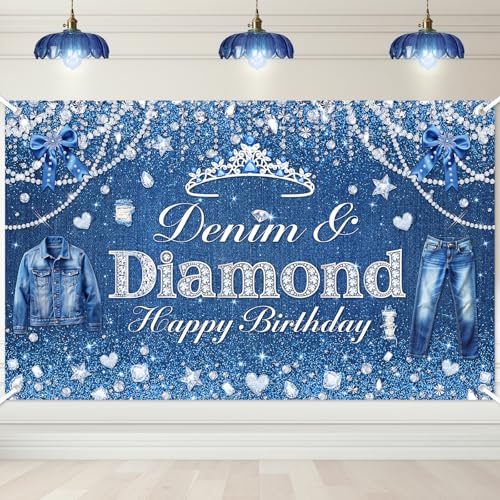 Avezano Denim and Diamonds Birthday Party Decorations Birthday Backdrop for Women Denim and Diamond Happy Bday Banner Crystal Party Supplies 6 x 3.6 ft