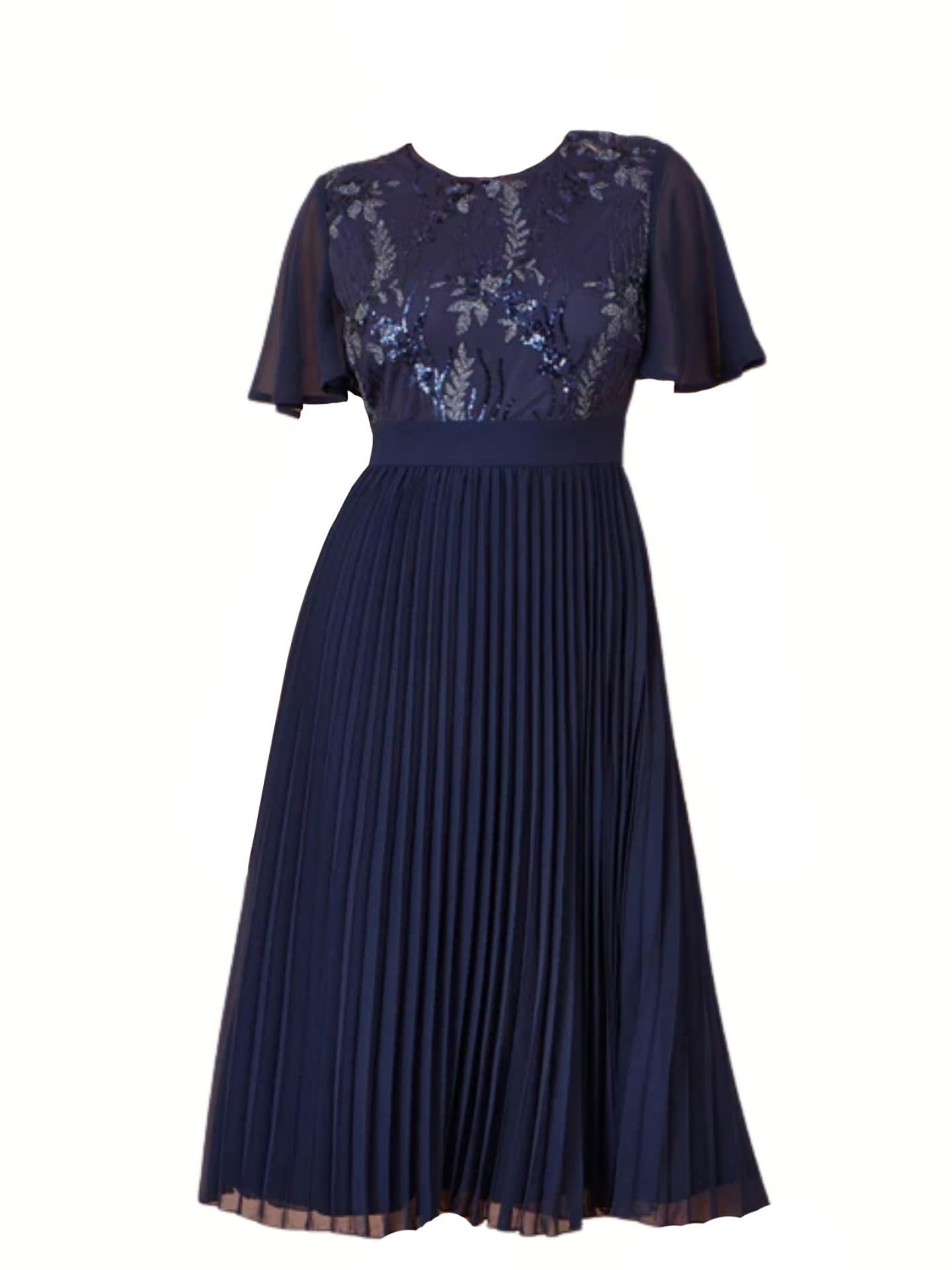 Yumi Navy Sequin Embellished Panel Pleated Midi Dress (UK, Numeric, 10, Regular, Regular, Navy)