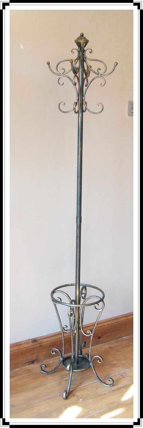 METAL COAT HAT & UMBRELLA STAND ANTIQUE BRASS WROUGHT IRON EFFECT