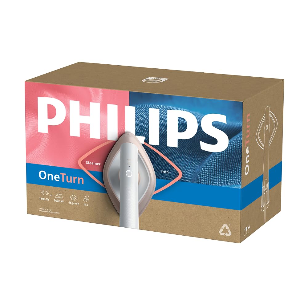 Philips OneTurn, 2-in-1 Bügeleisen & Steamer mit drehbarem Kopf, Einfach losbügeln – kein Brett, 45 g/min Dauerdampf, Energieeffizient 1800 W, Weiß (GC213/10)