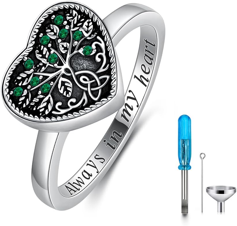 AOBOCO 925 Sterling Silver Heart Celtic Tree of Life Cremation Urn Ring Holds Loved Ones Ashes, Always in My Heart Urn Ring for Ashes for Women, Memorial Keepsake Jewelry Embellished with Crystals from Austria