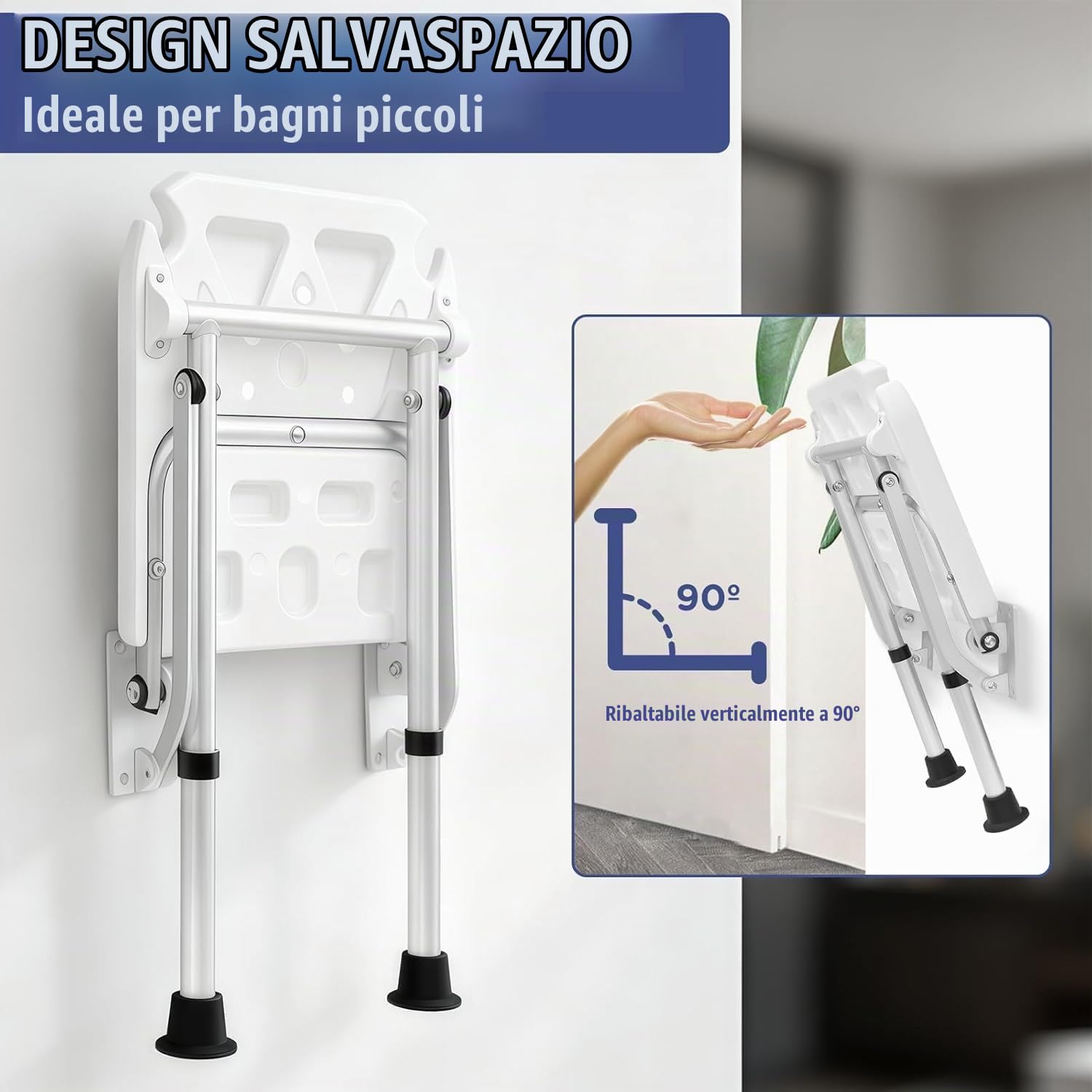 Sgabello Doccia Pieghevole, Sedia per Doccia Anziani, Sedile da Doccia a Parete con Piedini Antiscivolo, Regolabile in Altezza, capacità di Carico 180kg, per Anziani, Donne Incinte, Disabili