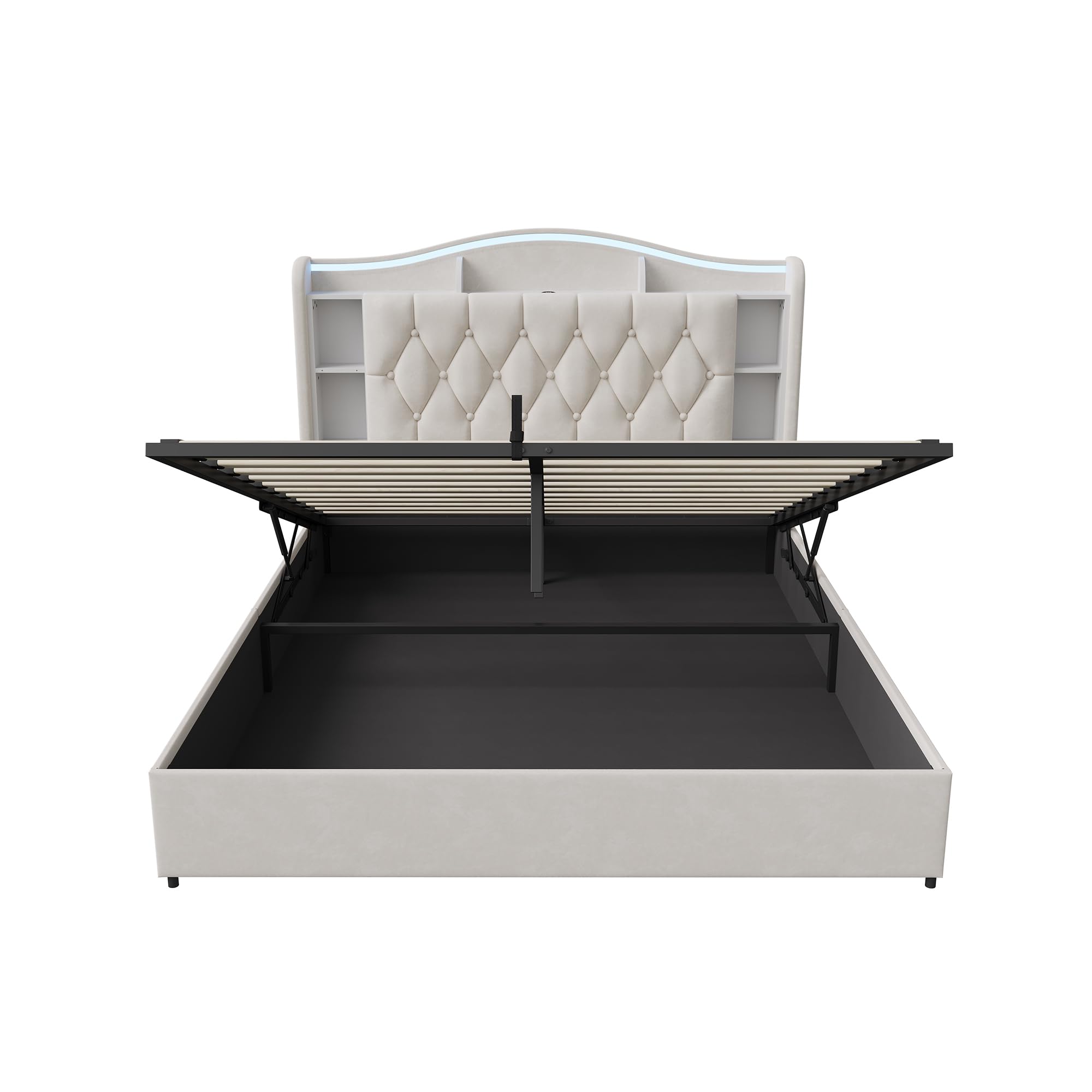 Cama tapizada de 160 x 190 cm con espacio de almacenamiento, cama doble con LED, cama hidráulica con somier, cama con somier, cama juvenil con espacio de almacenamiento y cabecero, para
