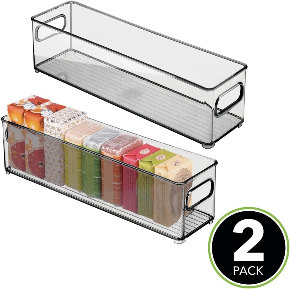 mDesign Slim Storage Bin with Built-in Handles for Organizing Soap, Body Wash, Shampoos, Lotion, Conditioners, Hand Towels, Hair Accessories, Body Spray, Mouthwash - 4" Wide, 2 Pack - Smoke Gray