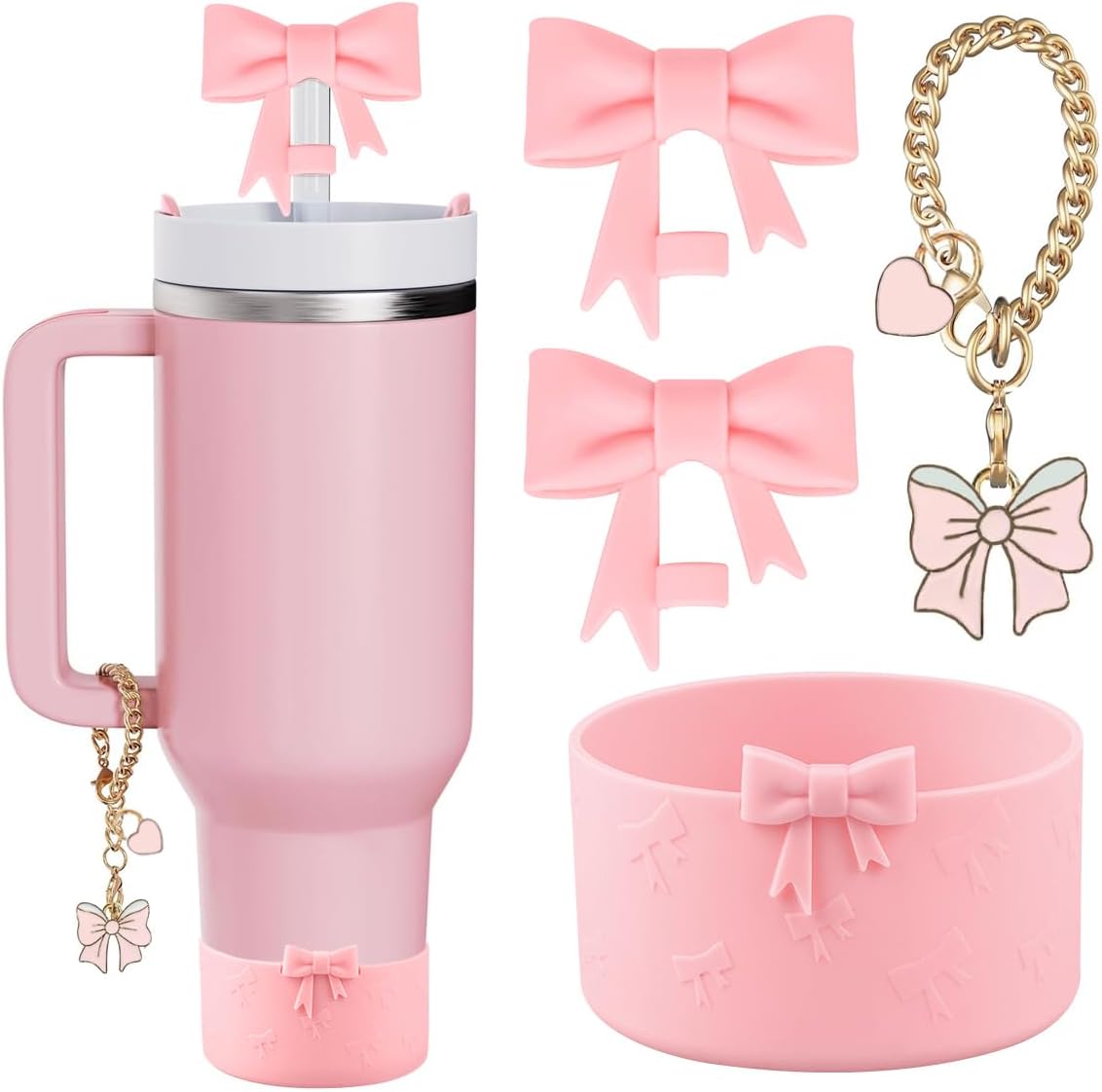 Accessories Set for Stanley Cup,2Pcs Bow Straw Cover Caps Straw Toppers,1Pcs Cute Bow and Heart Handle Charm and 1Pcs Bow Silicone Boot for Stanley 30&40oz Tumbler (Black) image 5