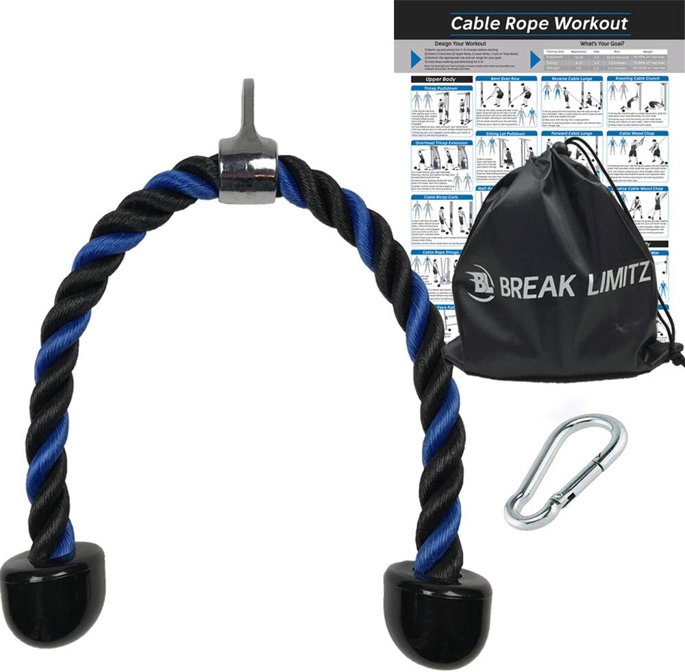Blue Tricep Rope Pull Down & Poster Set | 27 or 36 Inch Heavy Duty Nylon Rope, Chrome Cable Attachment | Professional or Home Gyms | Includes Workout Poster, Snap Hook, Bag