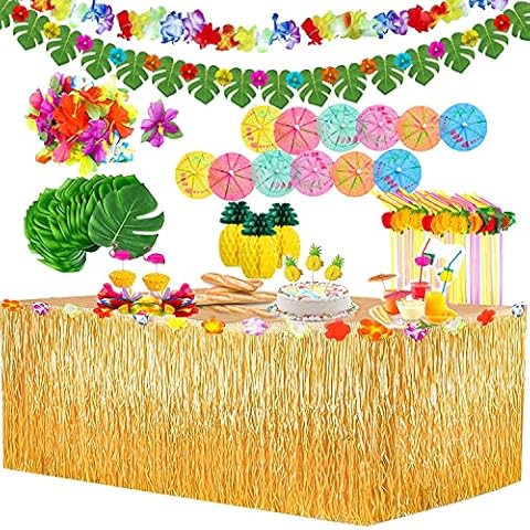 Dioxide 119 Pcs Hawaiian Tropical Party Decoration Set, Luau Tropical Party Decoration Set with Reusable Hawaiian Table Skirt, Palm Leaves, Hawaiian Flowers for Beach Summer and Hawaiian Theme Party Cover