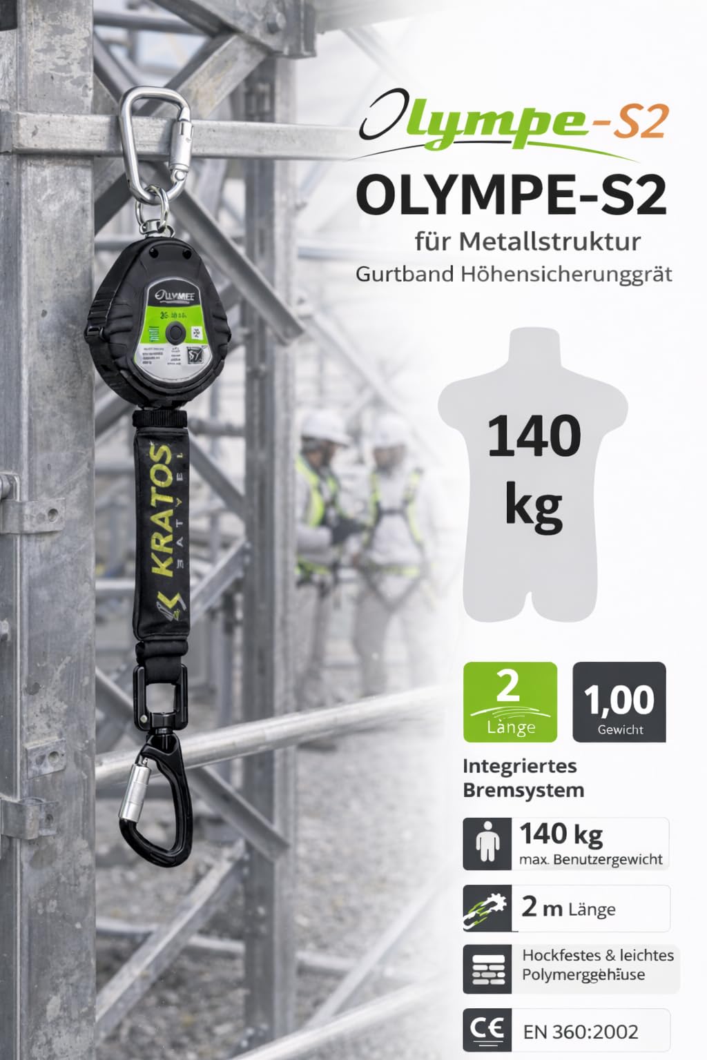 KRATOS OLYMPE-S2 Höhensicherungsgerät 2 m – Gurtband-Absturzsicherung nach EN 360, für horizontale & vertikale Anwendung, Sturzfaktor 2, bis 140 kg