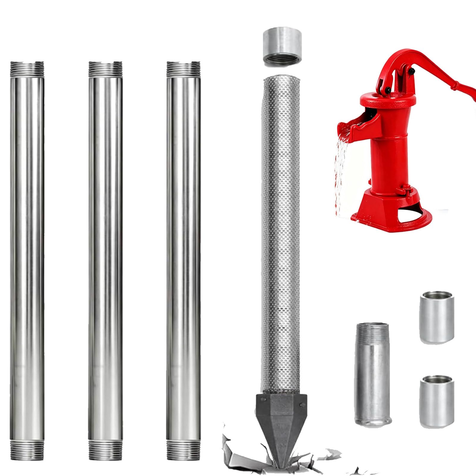 ZyKnaurral Water Well Kit with 1-1/4" Well Drive Point, Driven Well Kits Includes Galvanized Pipes, Couplings and Drive Cap, DIY Shallow Well Kit for Garden Irrigation & Water Supply 4M-WithWaterPump