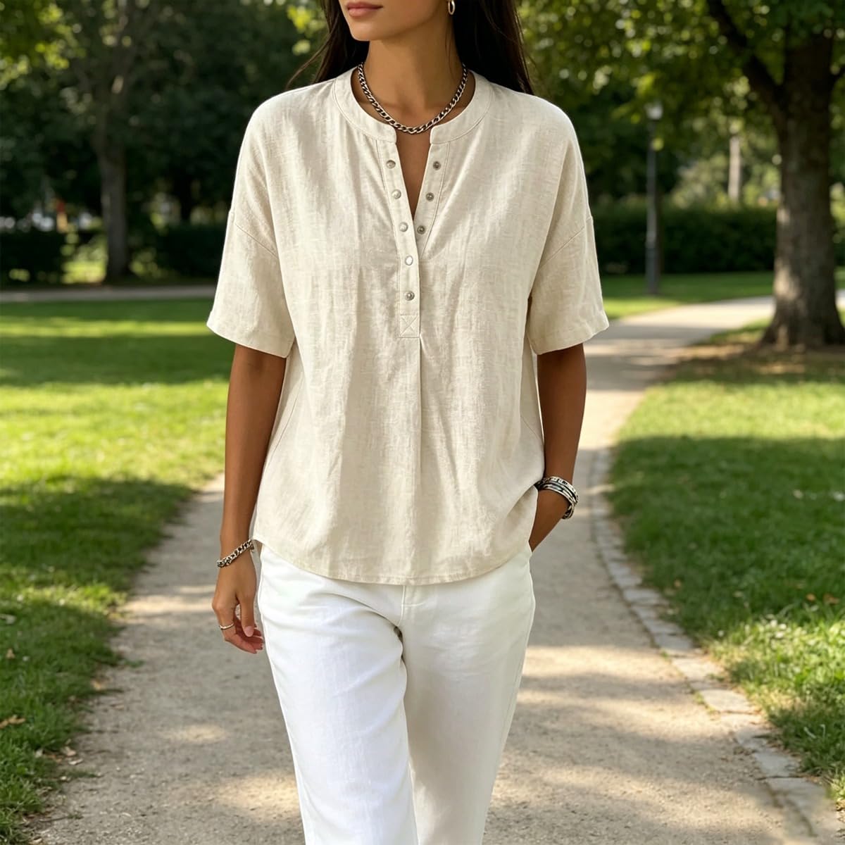 Women’s Casual Henley Collar Linen and Cotton Short-Sleeve Shirt Perfect For Laid-Back Days, Combines Comfort and Style
