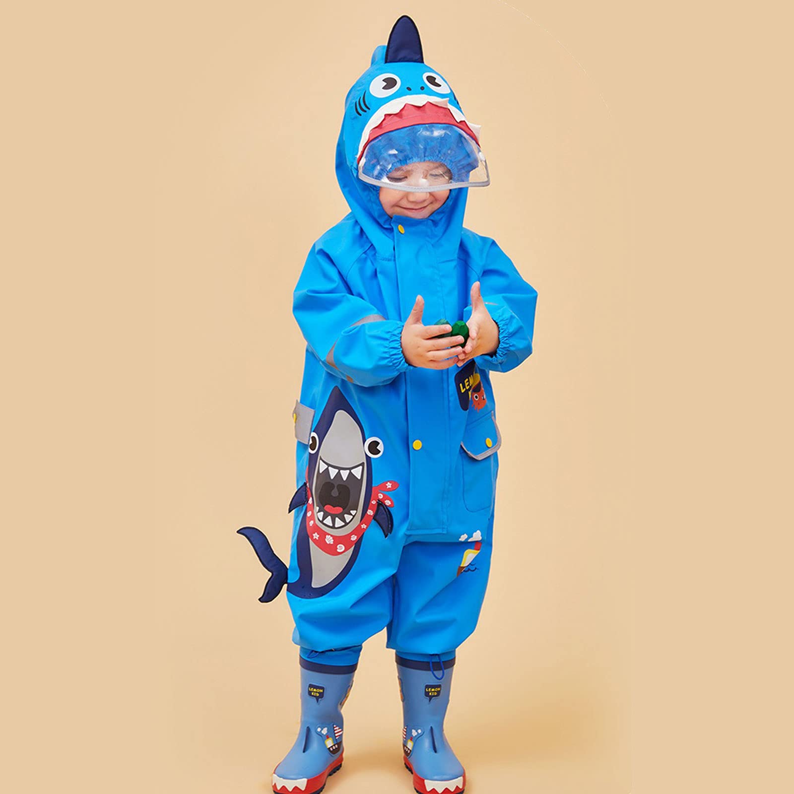 JinBei Garnitury dziecięce dla chłopców i dziewcząt wszystko w jednym, wodoodporne płaszcze przeciwdeszczowe z kapturem unisex, lekkie, urocze wzory 3D, kombinezony przeciwdeszczowe, oddychające