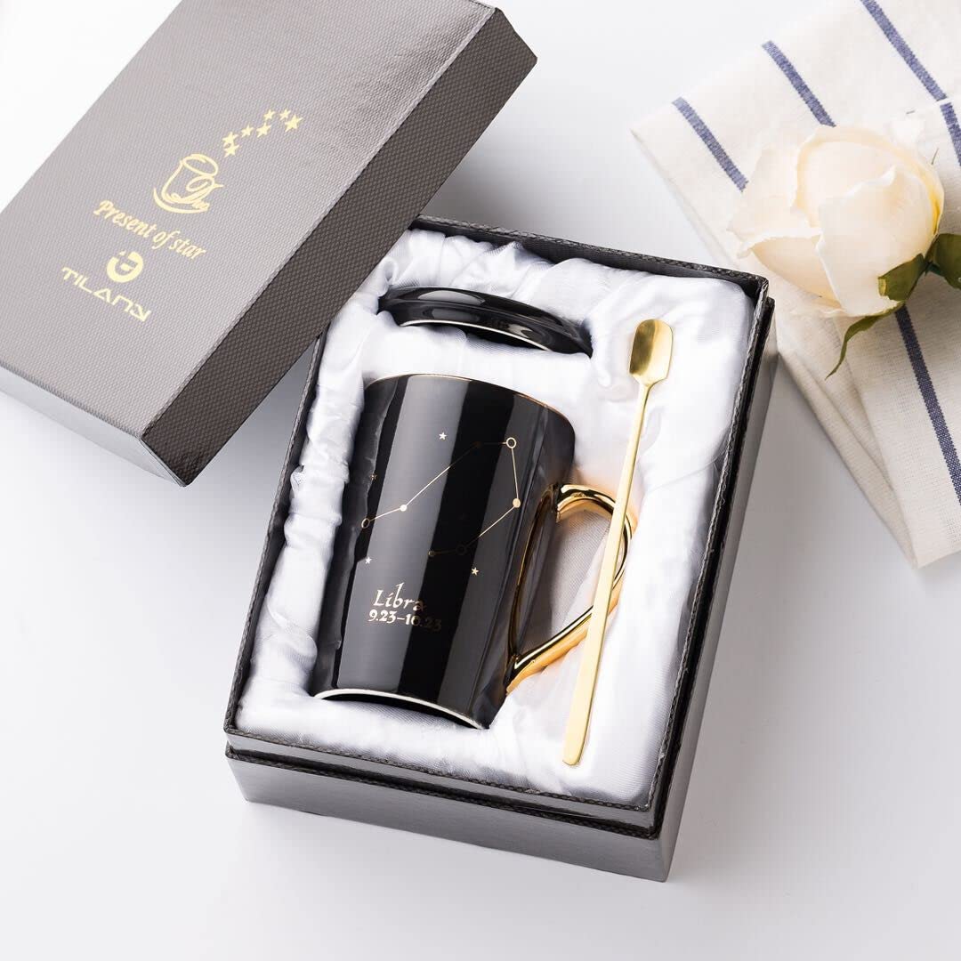 TILANY Ceramic Coffee Mug - Constellation Drinkware Set with Lid, Gold Spoon - Elegant & Creative Zodiac Sign Cups - Large Porcelain Mugs - Astrology Gifts for Men & Women - 13.5oz Cup (Libra)