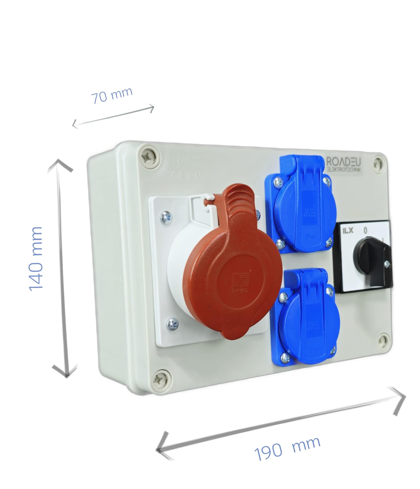 RoadEu - Coffret de chantier, Distributeur de courant CEE 16A. Prise avec interrupteur et 2 prises avec interrupteur principal 0-1. Répartiteur de courant fort avec prise IP44