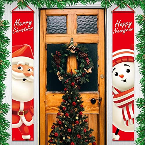 LATERN Merry Christmas and Happy New Years Banners, 180CM x 30CM Happy Christmas Porch Sign Santa Claua and Snowman Hanging Banners Couplet for Home Wall Front Door Garden Yard Xmas Party Decoration