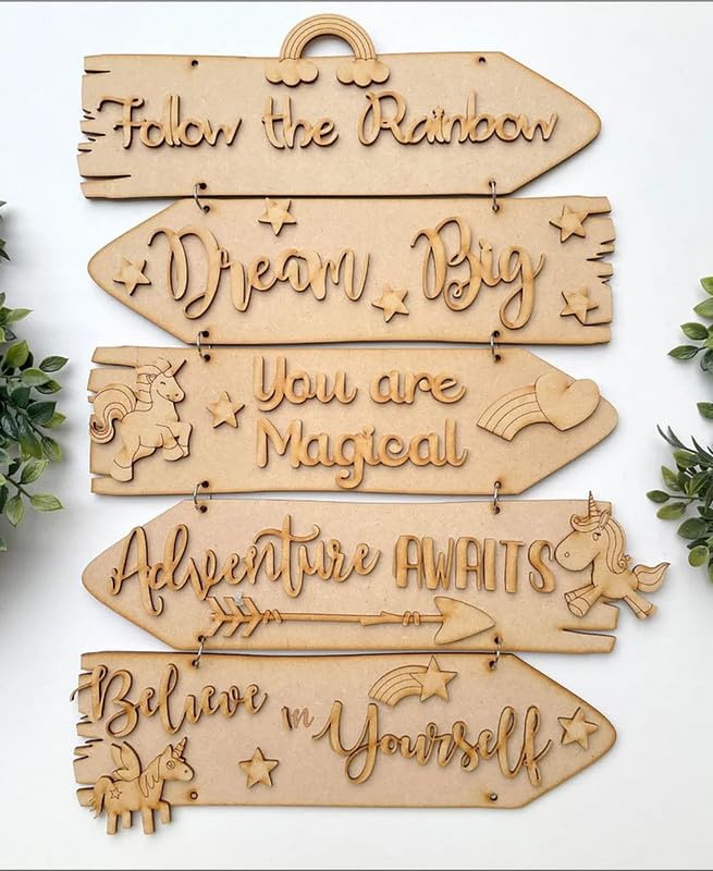 Cliths DIY Blank Craft Kit Wooden MDF Direction Sign Unicorn Theme Room Door Sign Kids Room Hanging Craft Decoration (41x28.5 CM)