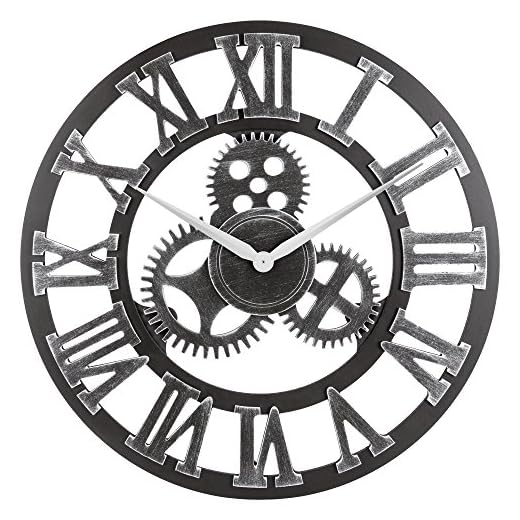 28" Whisper Ticking Silent Wall Clock - Large 3D Retro Rustic Country Decorative Luxury Art Big Wooden Vintage for House Warming Gift (28 inches, Roman-Silver)