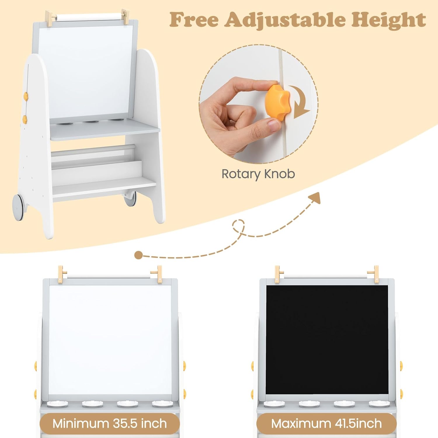 INFANS Easel for Kids with Stool, 4-in-1 Double-Sided Adjustable Magnetic Chalkboard with Paper Roll, Bookshelves, Wheels, Wooden Standing Painting Drawing Art Board for Boys Girls